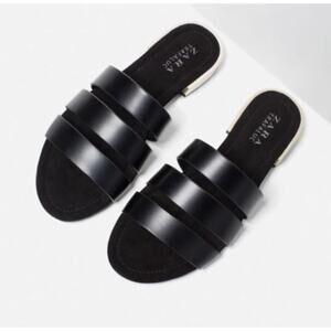 ZARA TRAFALUC | Black Flat Slide Band Sandals Chrome Silver Mini Heel | 40, US 9